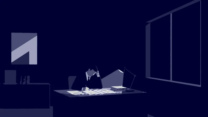 夜の事務所で資金繰りを考える経営者のイラスト