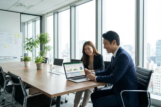 経営者と診断士がExcelの予算管理画面を見ながら対話する様子