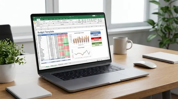 予算管理Excelテンプレートが表示されたノートPC