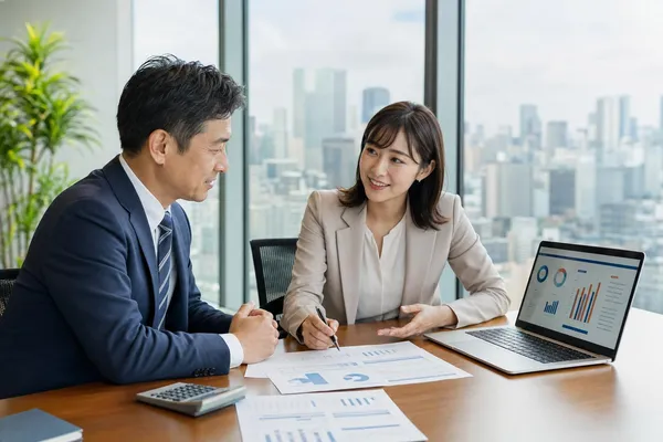 経営者と専門家が財務資料とノートPCを見ながら銀行対応・格付け改善を相談する様子
