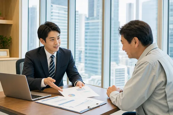 コンサルタントが中小企業の経営者に実情に合わせた提案を提示する様子